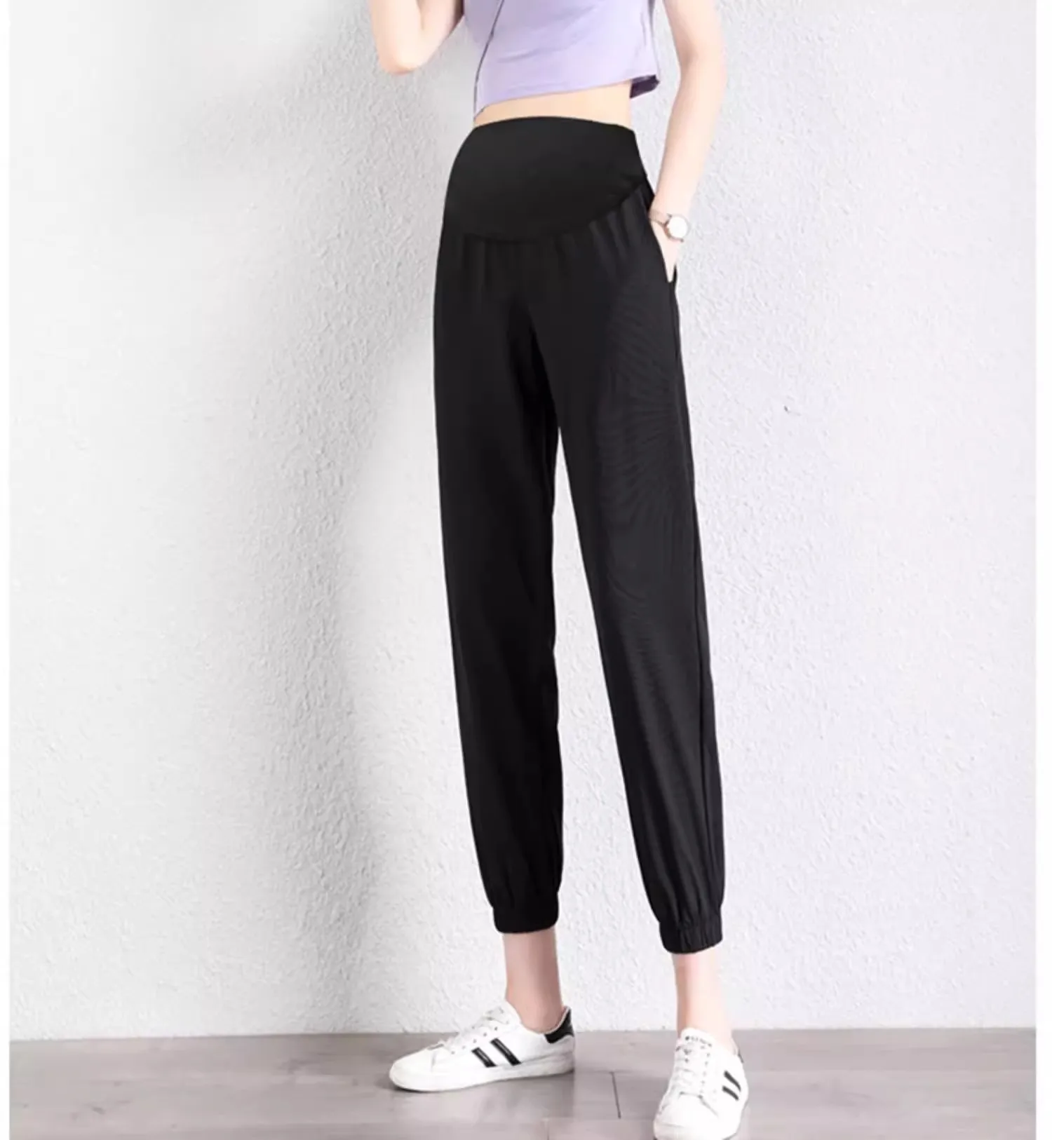 سراويل الأمومة للارتداء الخارجي الصيفي، سراويل تسع نقاط من الحرير الجليدي، سراويل ضيقة، رفيعة، فضفاضة، مقاس كبير، كاجوال، سراويل صغيرة الساق، ملابس الربيع والصيف #3