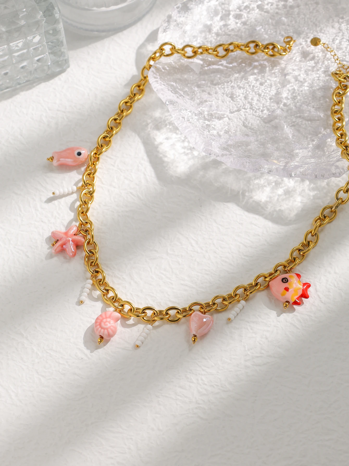 Women\'s small fish love conch starfish ceramic pendant necklace bohemian style summer cute ocean beach stainless steel beaded
