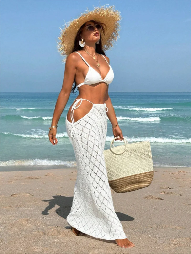 Faldas largas de punto para mujer, parte inferior de Bikini, cubierta Sexy ahuecada lateral con cordones recortados, falda de cintura alta, traje de baño envolvente de ganchillo