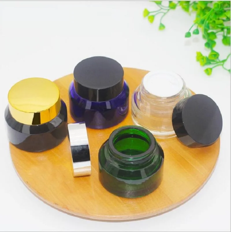 30G sloping shoulder glass cream jar black gold silver lid gel day night cream moisturizer essence skin care cosmetic packing