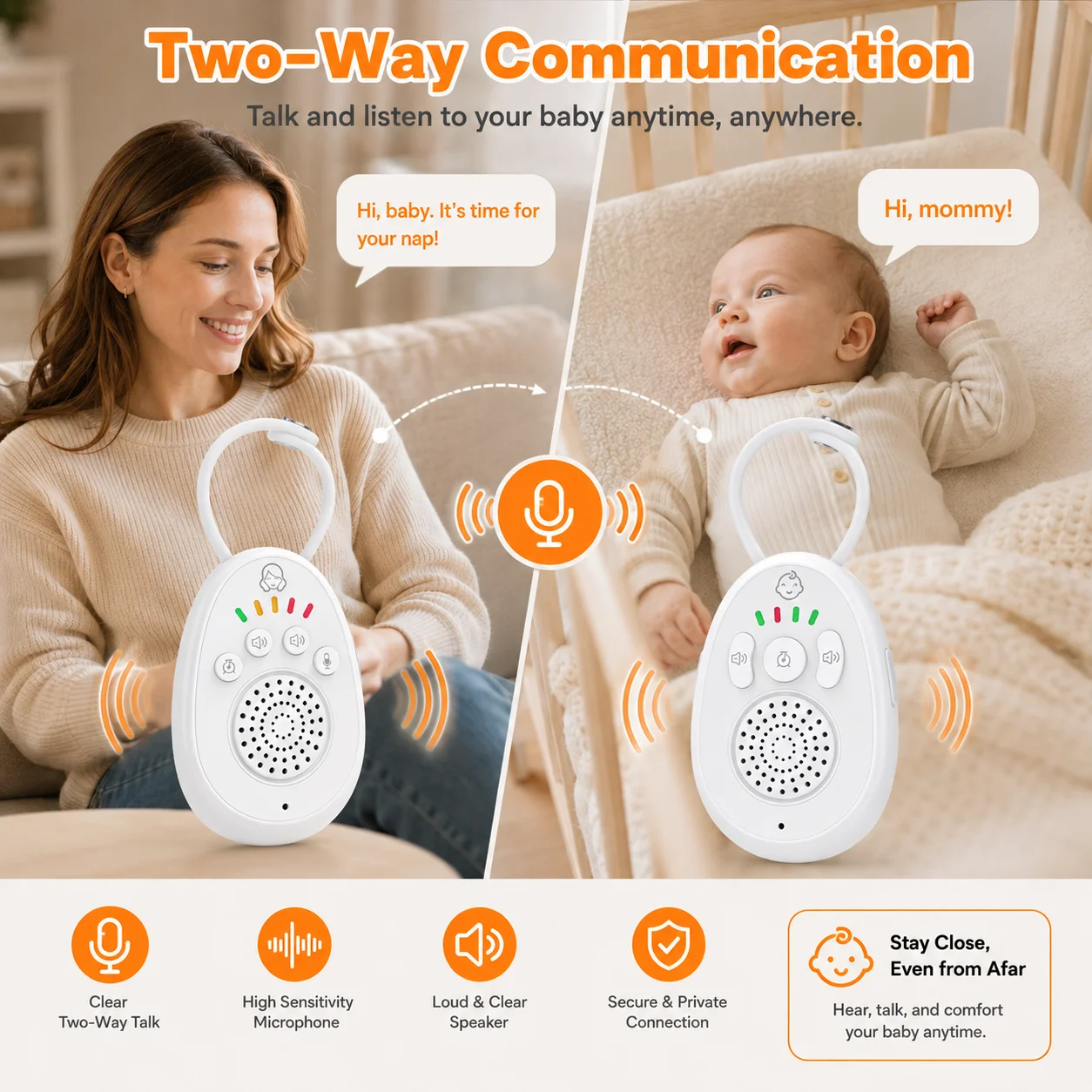 Wireless Audio Baby Monitor 1000MAh, Two-Way Talk, Lullaby, 1000ft Long Range, Rechargeable Baby Intercom For Home