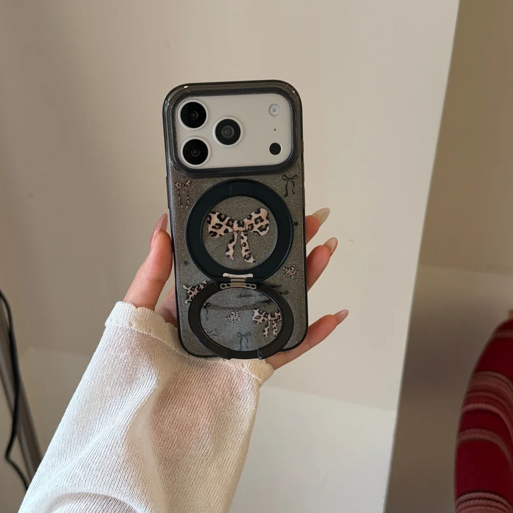 Korea Ins Leopard Print Bow Black Glitter Phone Case for iPhone 18 17 Pro 15 16 17 18 Pro Max with Magsafe Stand Anti-fall Cases