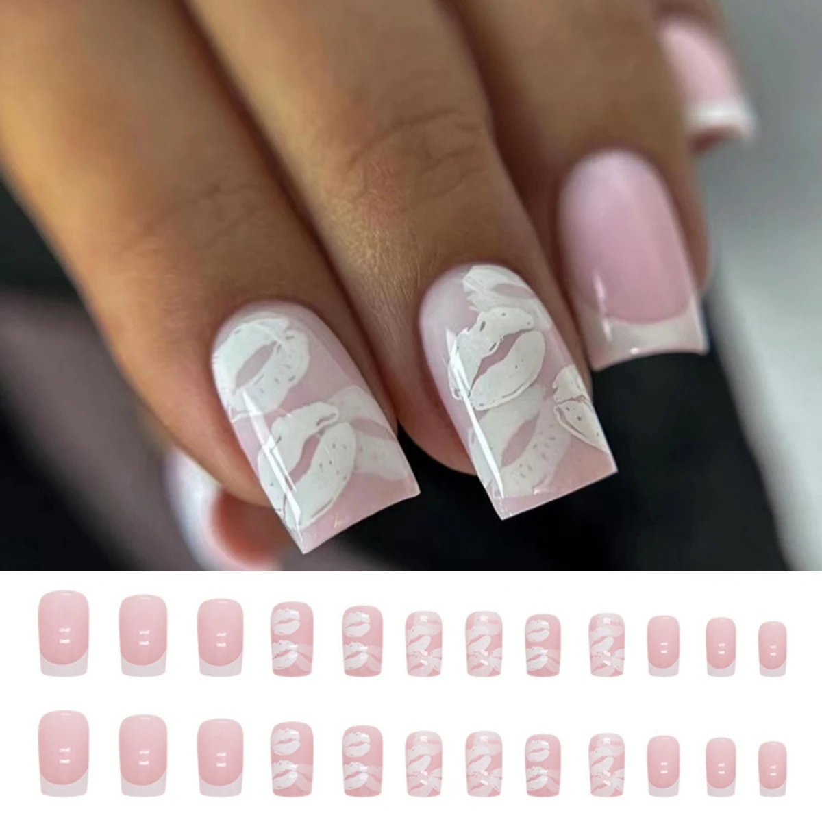 

24Ps/Set Pink Gradient French Fake Nails Diamond Medium Long False Nails Art Full Coverage Artificial Acrylic Press on Nail Tips