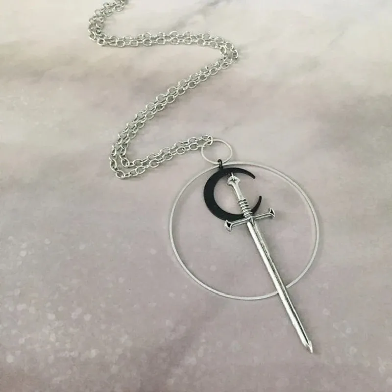 Letter Openr Envelope Opener Black Moon Sword Necklace Goth Fantasy Medieval Witchy Cosplay Statement Jewelry Classical Pendant