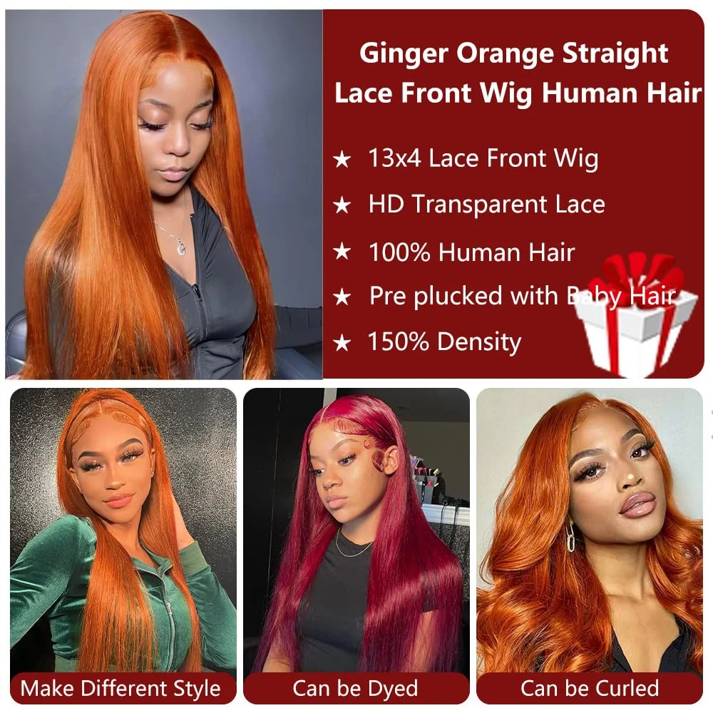 30 40 Inch Orange Ginger 13x6 HD Lace Frontal Wig Human Hair Bone Straight 13x4 Transparent Lace Frontal Color Wigs 150 Density