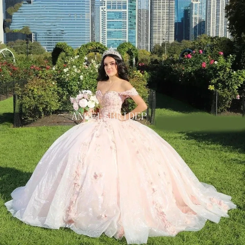 Angelsbridep قبالة الكتف الوردي ثوب الكرة للفتيات ، فستان Quinceanera ، فساتين مناسبة رسمية ، الحلو 16 ، 15