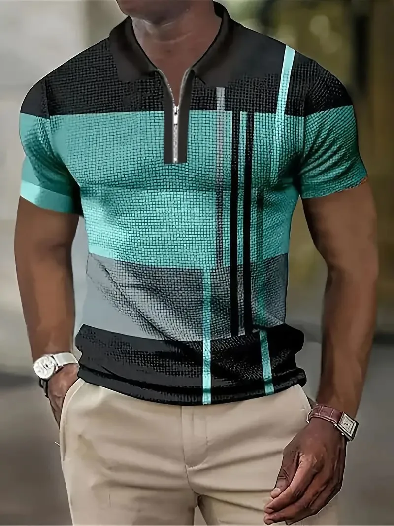 Summer Lapel Men's Polo Shirt,Casual Slim Fit Golf Clothing,Vintage Stripe Print,Work/Sports/Street Plus Size Menswear image 3