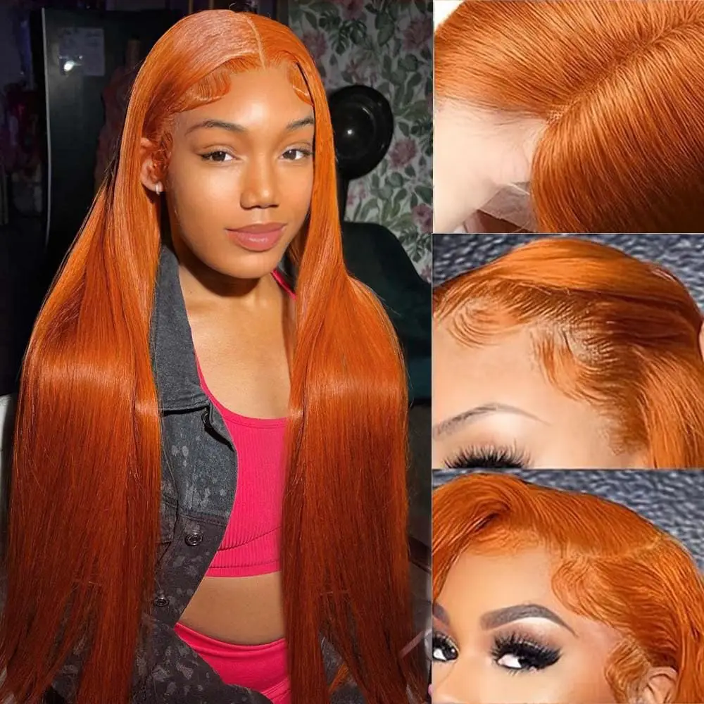 

13x4 Прямые рыжие оранжевые парики фронта шнурка Человеческие волосы HD Прозрачный кружевной фронтальный 350 Цветной парик Предварительно выщипанные детские волосы 20 дюймов