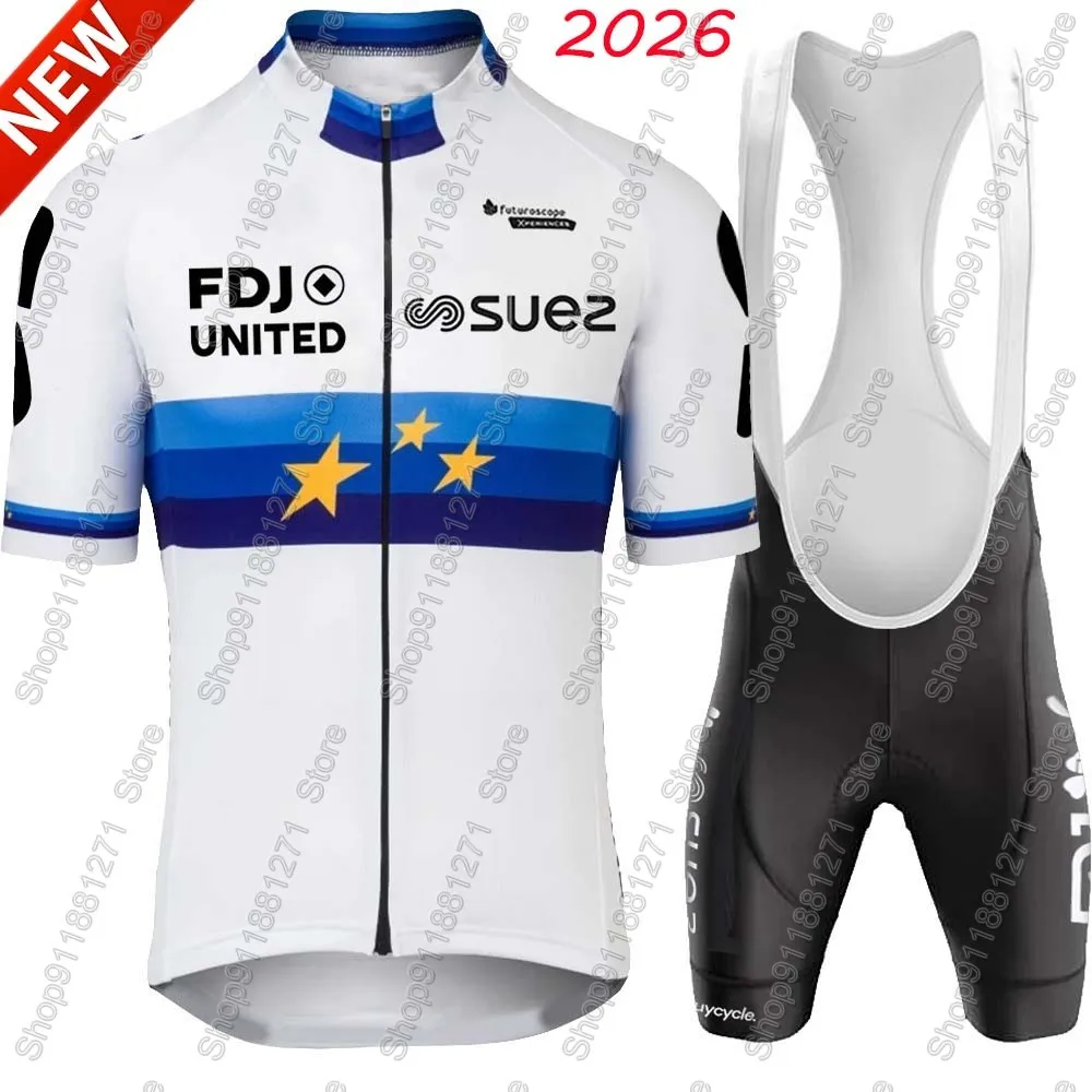 Conjunto de Ciclismo Unissex Team FDJ United Suez 2026: Camisa de Manga Curta e Bermuda para Ciclismo de Estrada e MTB - Roupa Europeia de Verão