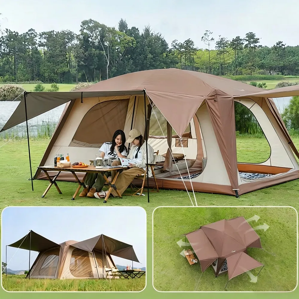 Tente de camping épaissie avec auvent et tunnel de couchage, pour 3 à 12 personnes, 2 chambres, protection UV, imperméable, tente familiale