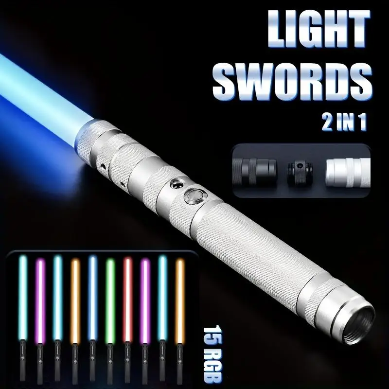 Sabre iluminado 2 en 1, espada de juguete para niños RGB LED de 15 colores espada láser dual con 3 modos de efectos de sonido, regalo de Navidad