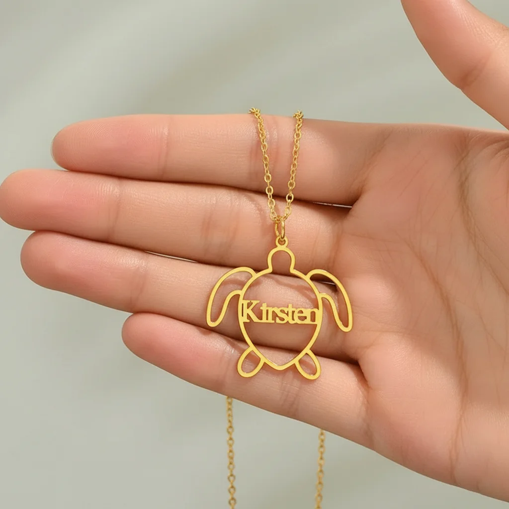 

Minimalist Turtle Custom Name Necklace - 18K Gold Plated Stainless Steel Dainty Sea Animal Jewelry, Personalized Gift for Her