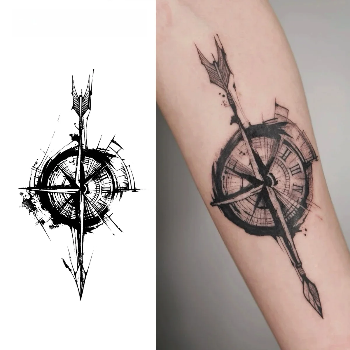 Autocollant de tatouage temporaire boussole, tatouage magique imperméable, faux tatouage dure jusqu'à 15 jours, tatouage semi-permanent