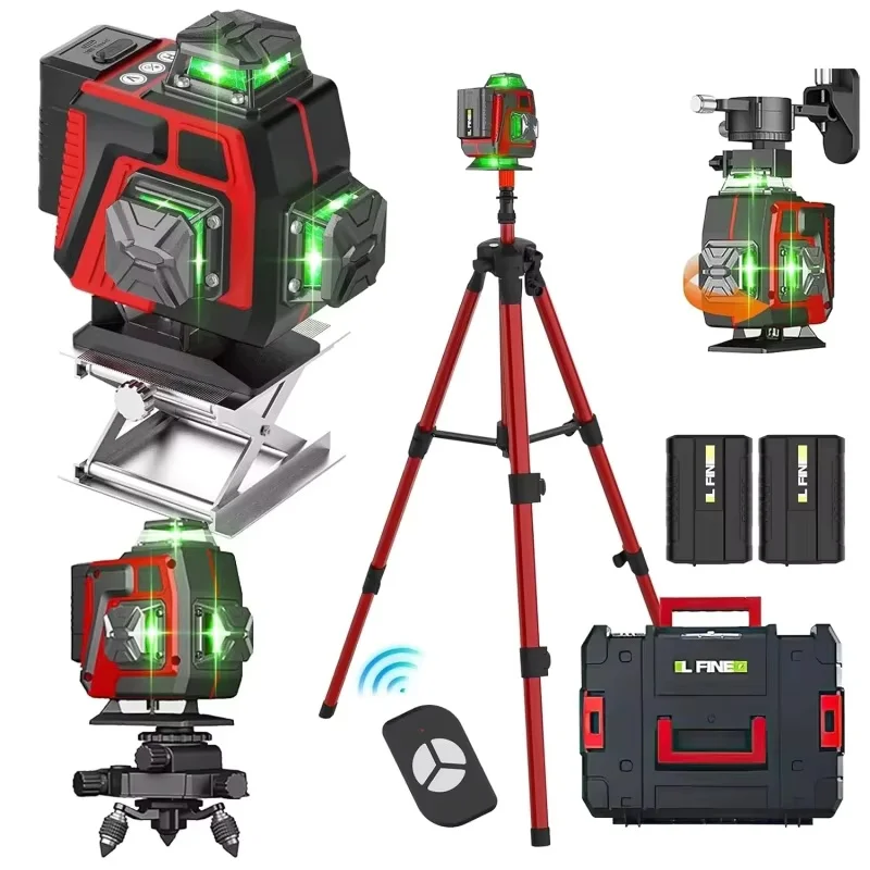 Poziomica laserowa 4D z 16 liniami, samopoziomująca, zielona linia, kontrola 360 stopni poziomo i pionowo, zielone wiązki laserowe, 2 baterie