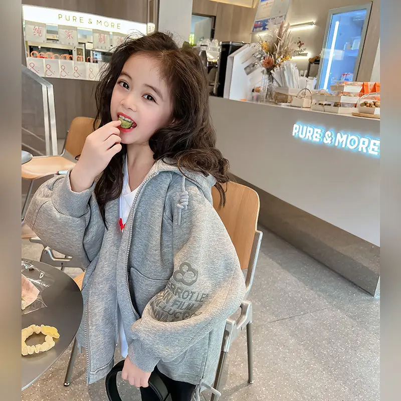 

Осенняя хлопковая куртка с капюшоном для девочек 2025 года, повседневная верхняя одежда на молнии в корейском стиле с буквенным принтом, однотонное пальто с капюшоном для Todd