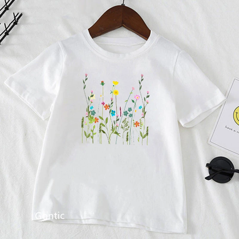 

Lovely Flowers Print Girl T-shirt Children's Clothes Summer Top Toddler Kids Streetwear Adorable Tees White Casual T Shirts Gift