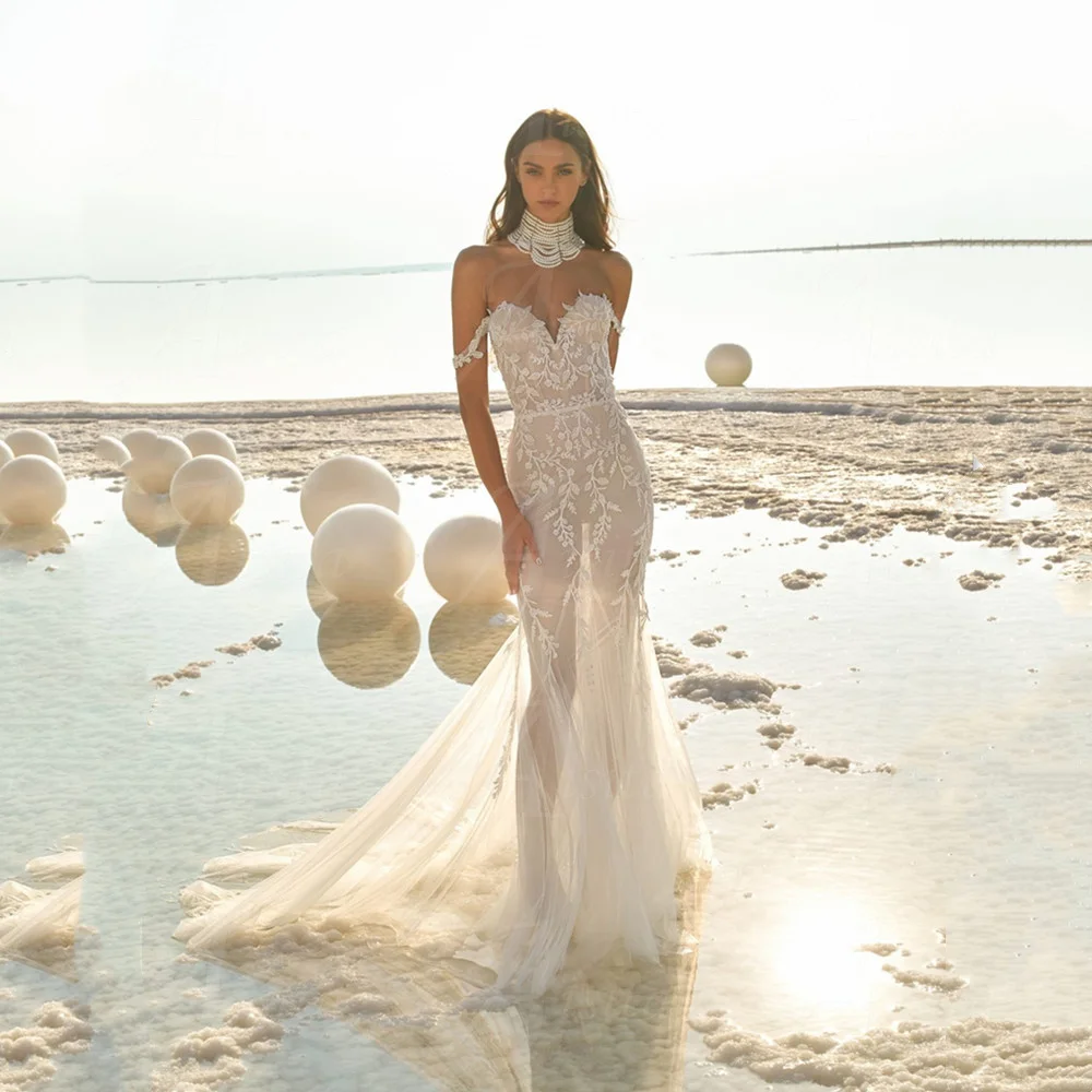 Robe De Mariée sirène en dentelle, tenue De plage, magnifique, broderie, Tulle délicat, balayage, traîne