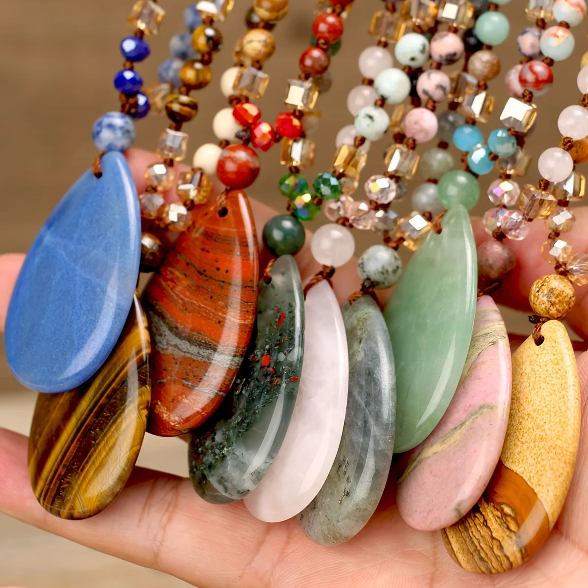9 Colors Choice Natural Stone Big Drop Pendants Necklaces Women Hand Knotted Beades Jewelry Trendy Necklace Gits
