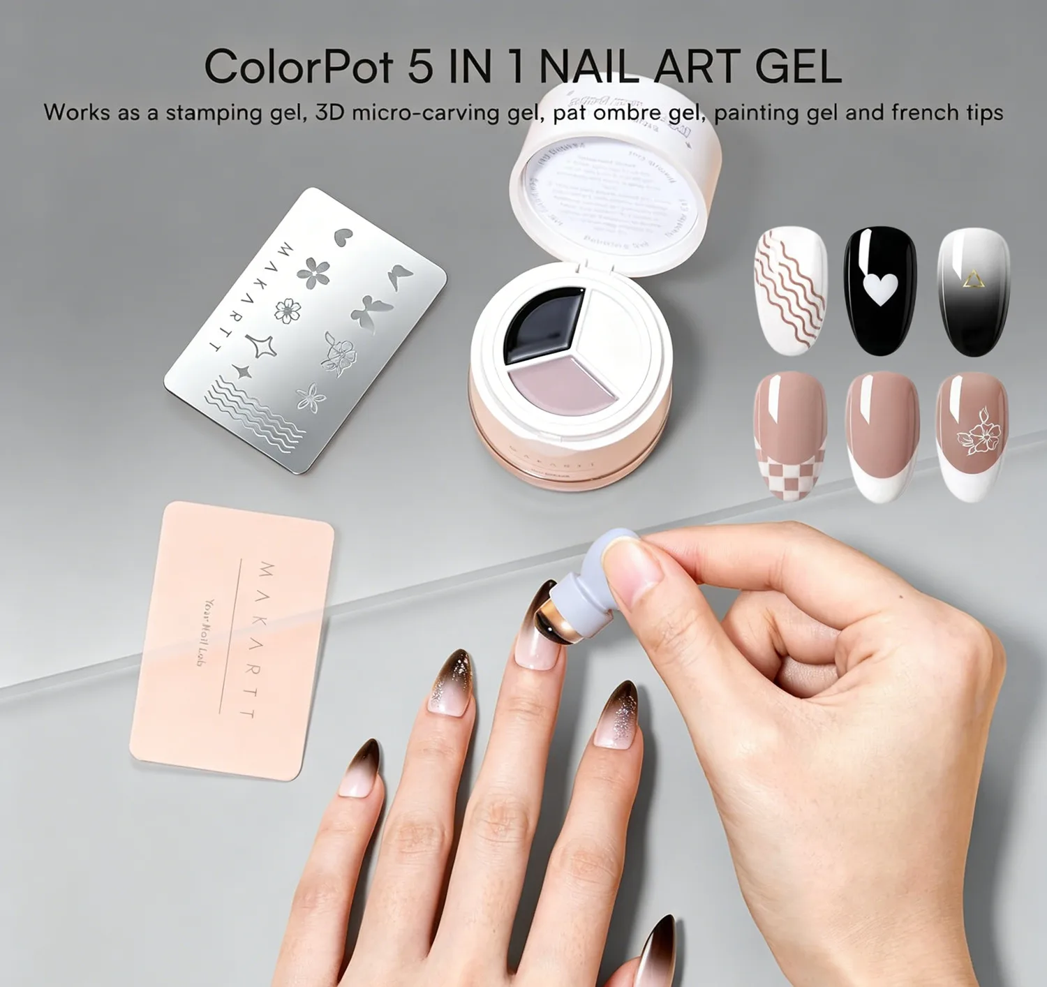 

Makartt ColorPot 5-in-1 Nail Art Gel 3 Colors No Wipe Gel Polish with Stamp for Stamping Ombre French Tips Painting Sculpting DI