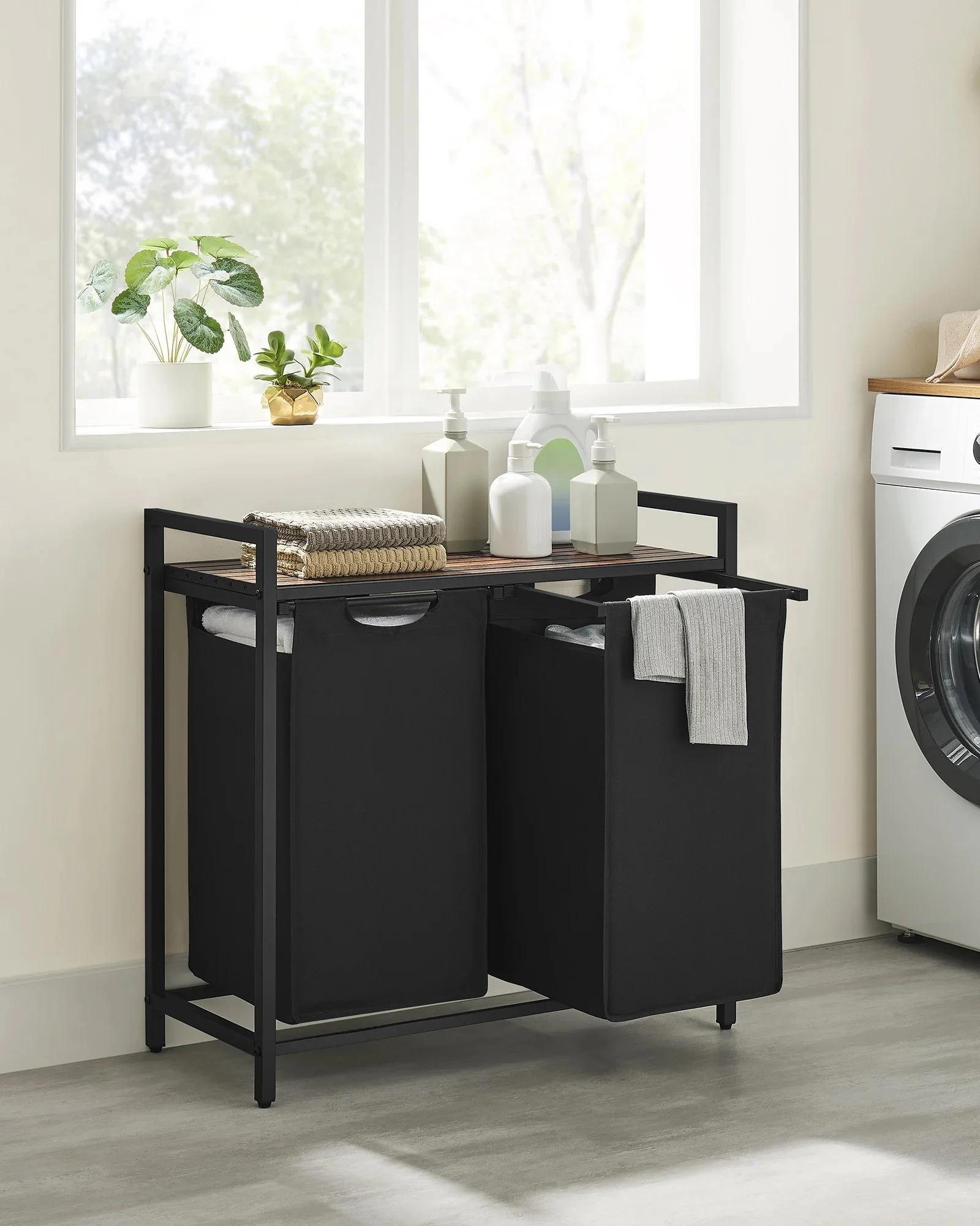 VASAGLE wasmand 2-handventilator Wasverzamelaar met opbergruimte, wasbox, waszak van Oxford-stof Uitschuifbaar afneembaar metalen frame - afbeelding 2