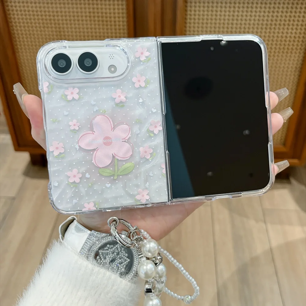 New Ins Cute Pink Flower Water Ripple Mobile Phone Case for iPhone Duo Cover, Sweet Shockproof Protective Cases With Pearl Charm
