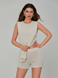 Women Knit Shorts Set, Sleeveless Crew Neck Slit Tank Top with Elastic Waist Shorts Summer Outfit