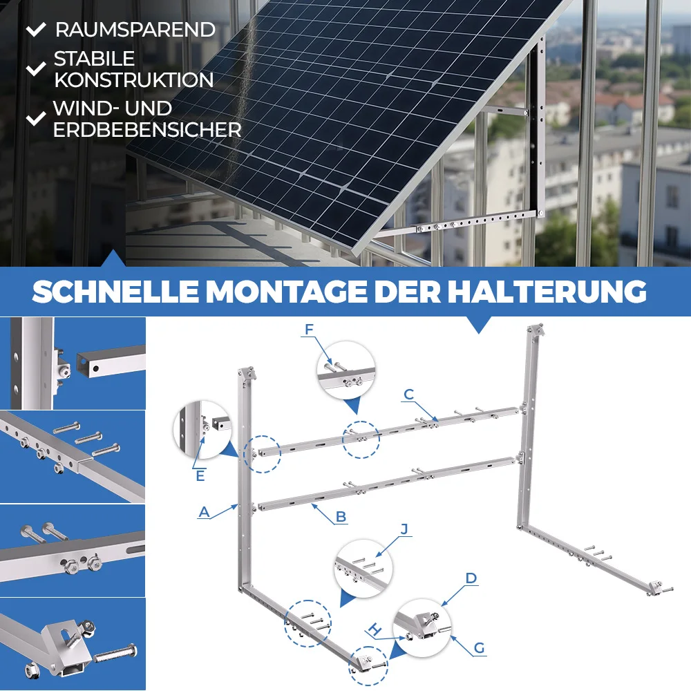 Stormbestendige zonnepaneelbeugel voor balkonkrachtcentrale, verstelbaar 15-45 graden °   Complete montagekit voor 400-600W PV-modules, constructie van aluminium en roestvrij staal