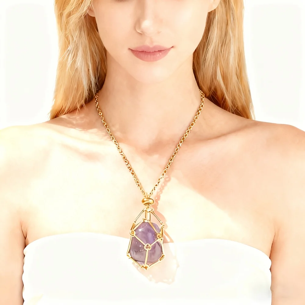 Crystal Cage Necklace Empty Crystal Stand Pendant Alloy Chain Adjustable Pendant Mesh Bag Gemstone Jewelry Accessories