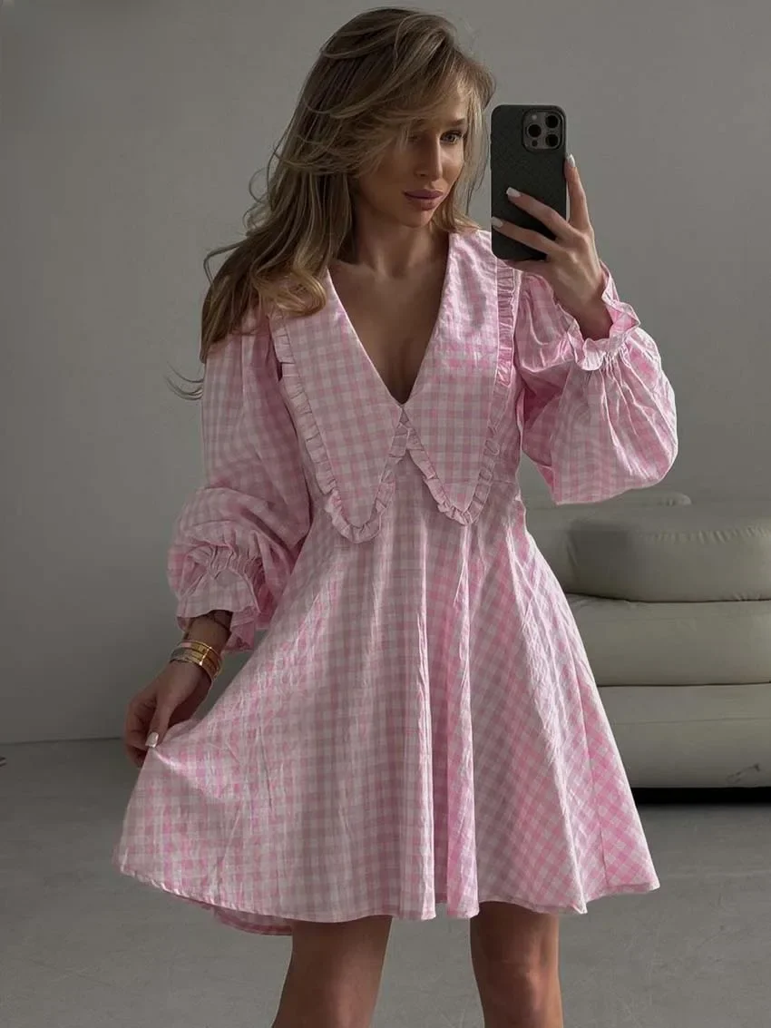 Oymimi elegancka różowy nadruk sukienki damskie modna kołnierz piotruś Pan z długim rękawem luźna sukienka Mini damska Streetwear — zdjęcie 2