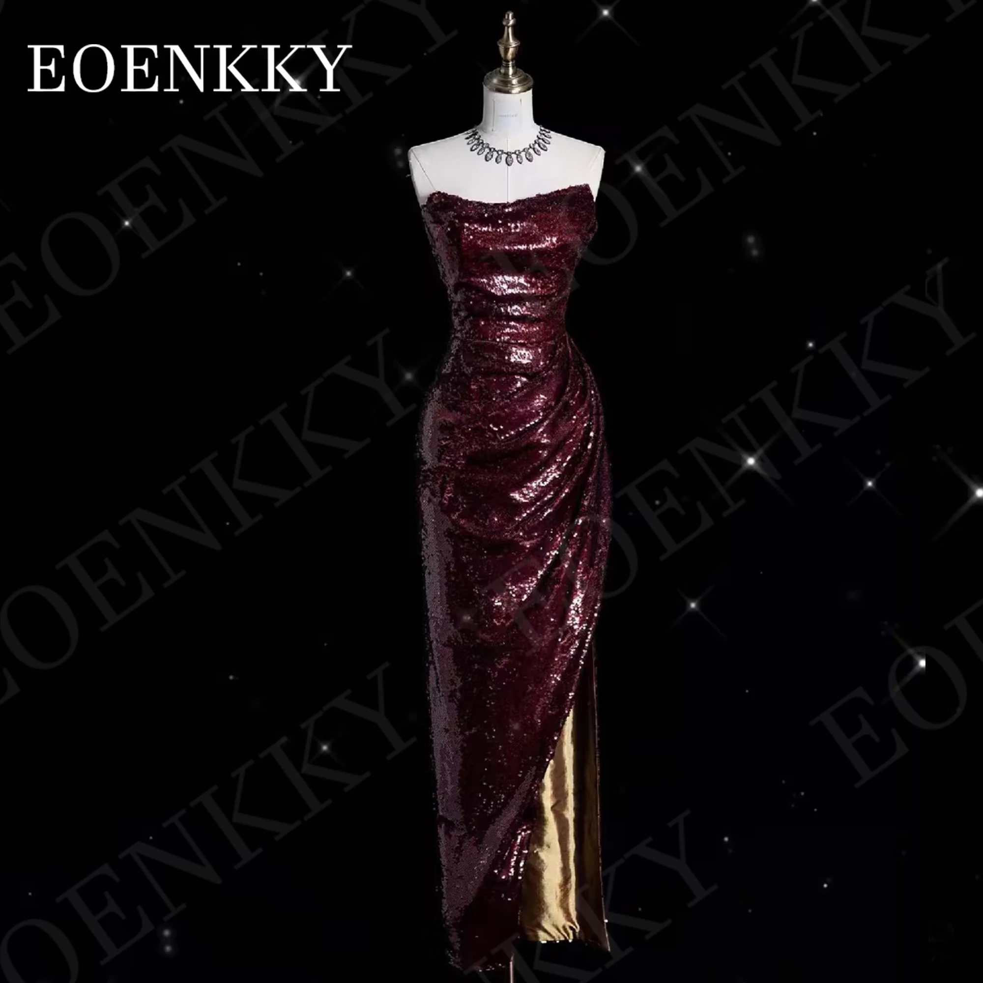 Burgundy Mermaid Evening Dresses 2024 Strapless robes de soirée Scoop Neck Sequin Slit Wedding Party Dress Floor Length Backless