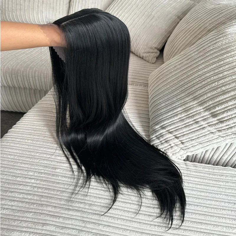 Perruque Lace Front Wig synthétique noire, cheveux longs lisses, naissance des cheveux naturelle, pre-plucked, sans colle, résistants à la chaleur