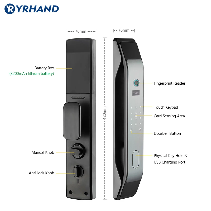 Imagem -05 - Tuya Impermeável Fingerprint Inteligente Fechadura da Porta Automática Wi-fi Senha Nfc Card Bateria Recarregável Antipry Alarme 6068 Mortise