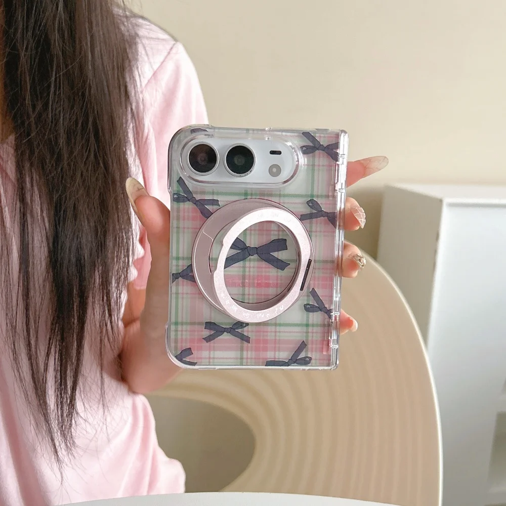 New Fashion Korean Ins Plaid Bow Phone Case for Apple iPhone Duo Cover Sweet Girls Anti-fall Protective Set, with Magsafe Holder