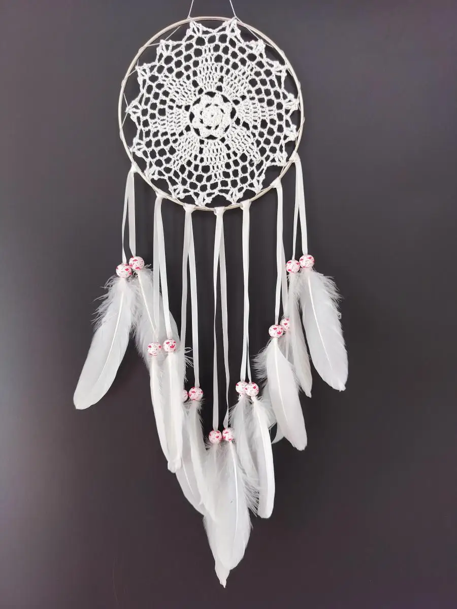 

White Feather Beaded Dream Catcher Handmade Metal Hoop Dreamcatchers Bohemian Home Decor Door Window Wall Hanging Craft For Kids