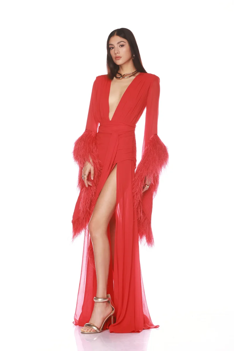 آني الشيفون طويلة الأكمام العميق الخامس الرقبة فساتين لحضور الحفلات الموسيقية اليدوية ريشة فساتين السهرة الفاخرة أنيقة سيدة فساتين الحفلات Fساتين Sheer #2