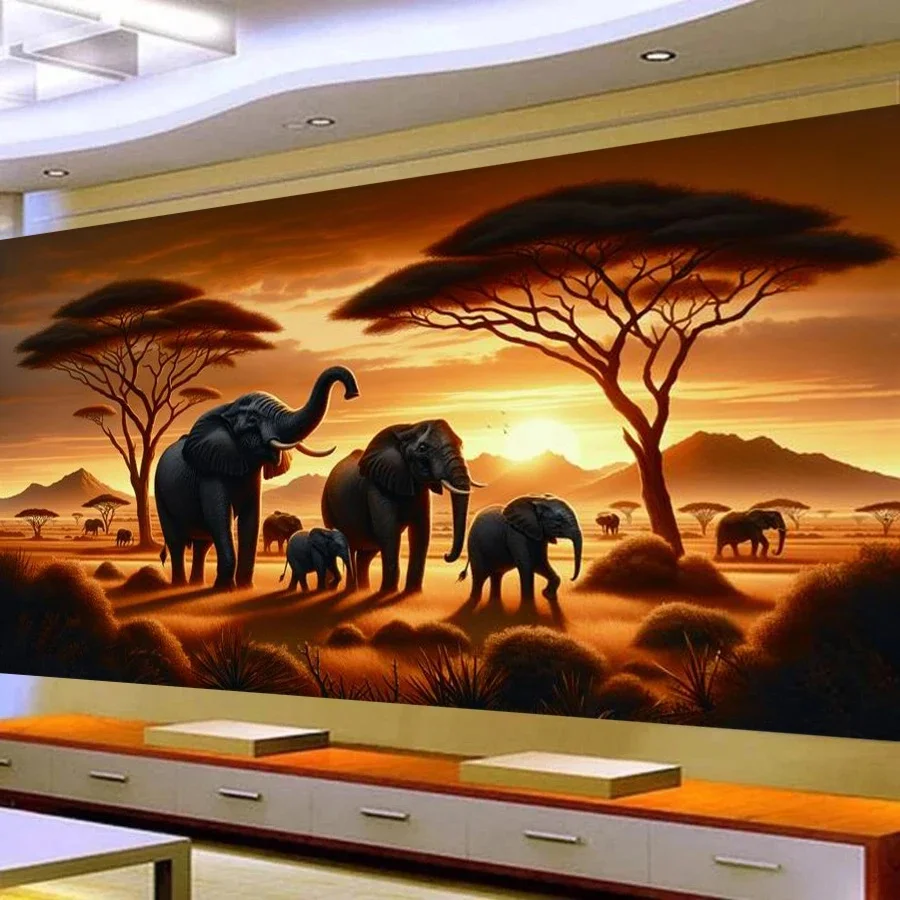 Fullcang Diy Diamond Arts Schilderen Zonsondergang Afrikaanse Olifant Volledige Mozaïek Borduren Wilde Dieren Groot Formaat Foto Muur Decor - afbeelding 2