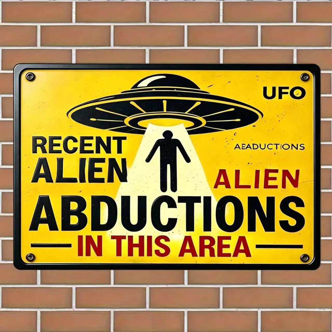 Vintage Alien Abduction UFO Metal Tin Sign Retro Yellow Warning Plaque Wall Decor Funny Area UFO Alien Poster for Garage Man Cave Bar Home Wall Art