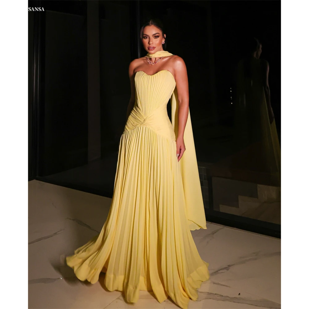 

Sansa Customized Yellow Multilayer Pleats A-Line Sleeveless Prom Dress With Shawl Vestidos De Noche Floor-Length Formal Evening
