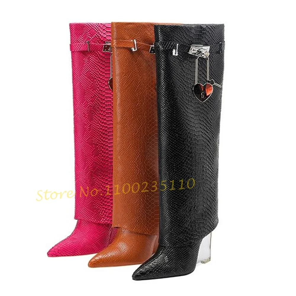 Croc Pattern Wedges Long Boots Women Metal Heart Shaped Lock Turned-over Edge Boots Trend Print Female's Pointy Knee High Shoes