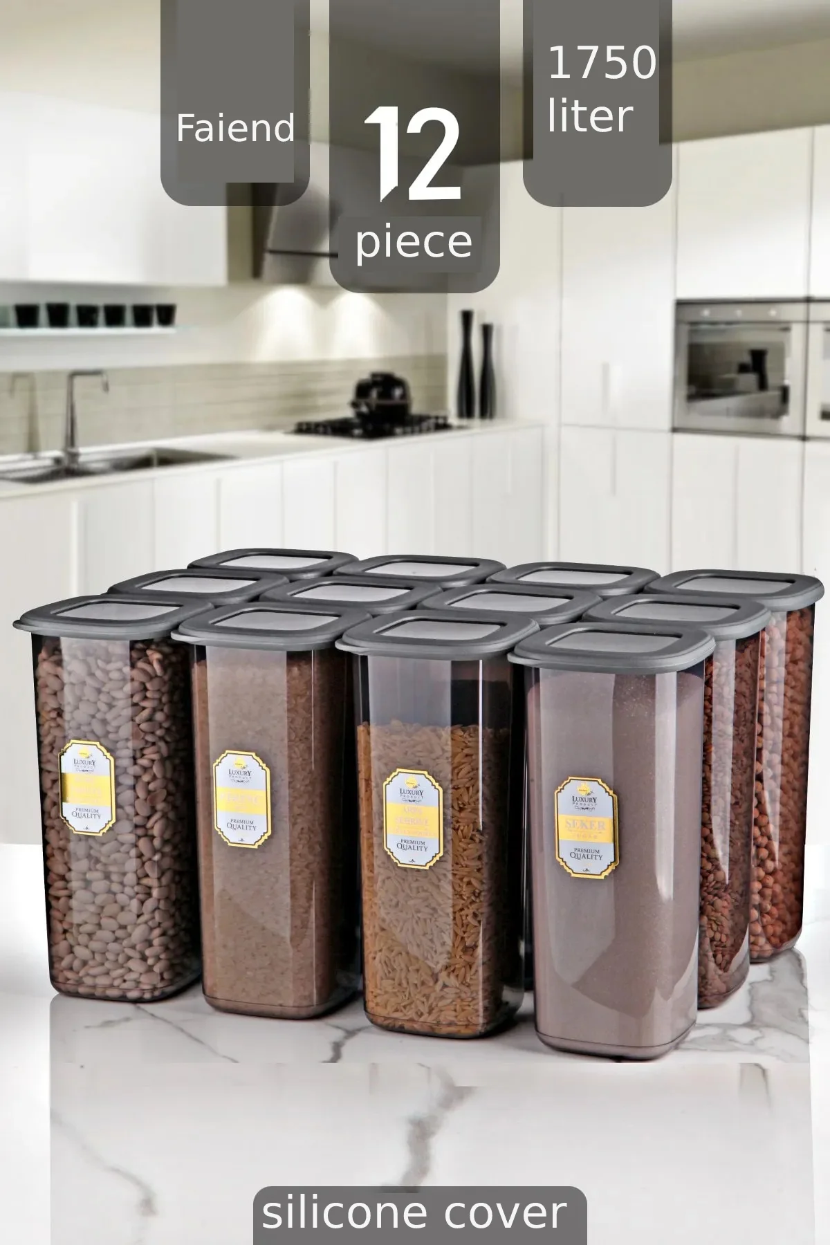 

12 Liter Jumbo Size Boly Square Storage Container Set with Gold Label - 1.750ml Anthracite Supply Container Long Jar