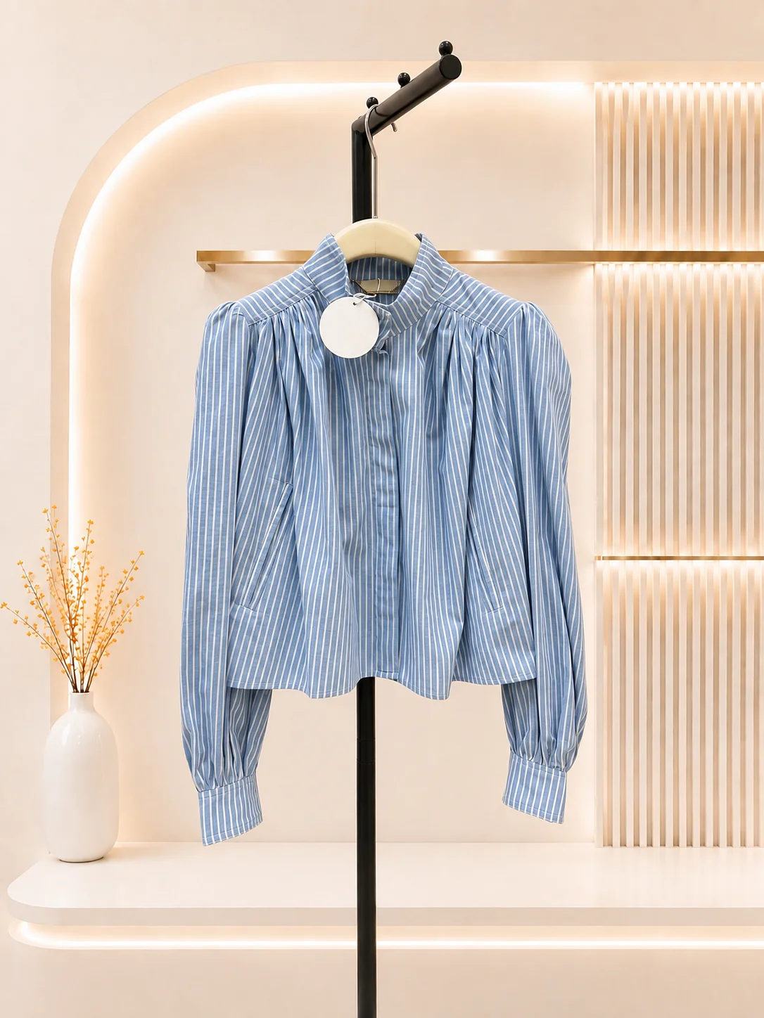 2026 Women Blouse Blue Vertical Stripe Lantern Long Sleeve Pleated Shoulder Oversized Silhouette