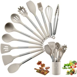 Stainless Steel Handle Kitchen Tools, Kitchen Utensils Set, Non-Stick Silicone Cooking Tools Set 12 Piece, Kitchen Gadget Set