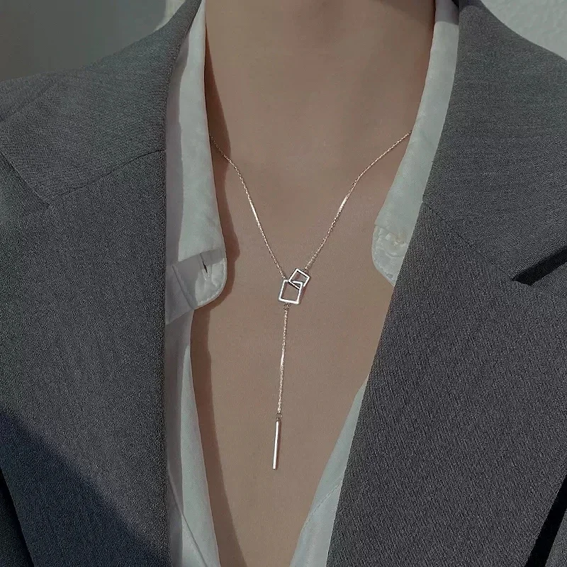 925 Sterling Silver Geometryczny kwadratowy naszyjnik Długi jednoliniowy łańcuszek z frędzlami Biżuteria modowa Akcesoria Prezent urodzinowy — zdjęcie 2