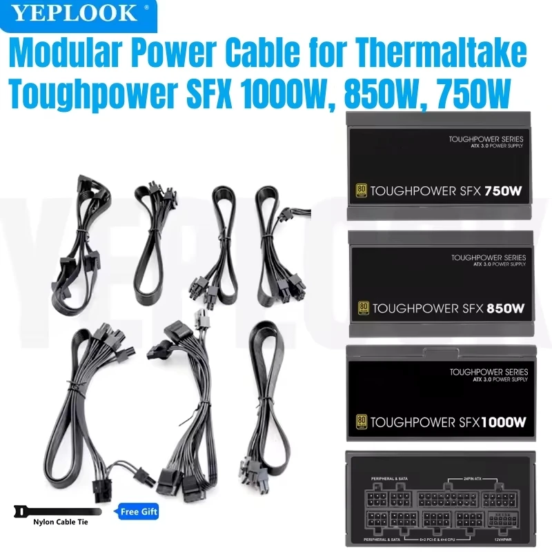 

Modular Power Cable for Thermaltake Toughpower SFX 1000W, 850W, 750W PSU, PCIe 6+2Pin, CPU 4+4Pin, HDD SSD SATA, Molex IDE 4Pin