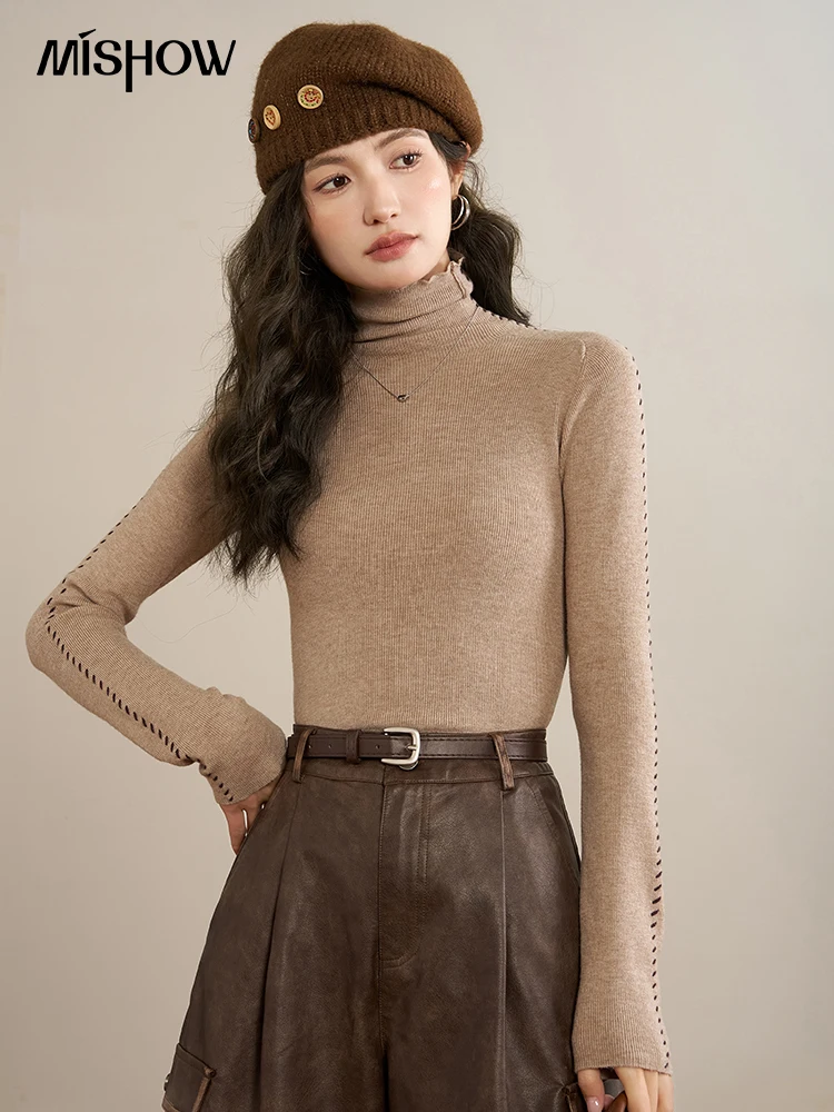 MISHOW Knit Bottoming Shirt Autumn Winter Turtleneck Sweater Female Vintage Pullover Knitwear Contrast Color Top MXC51Z0223