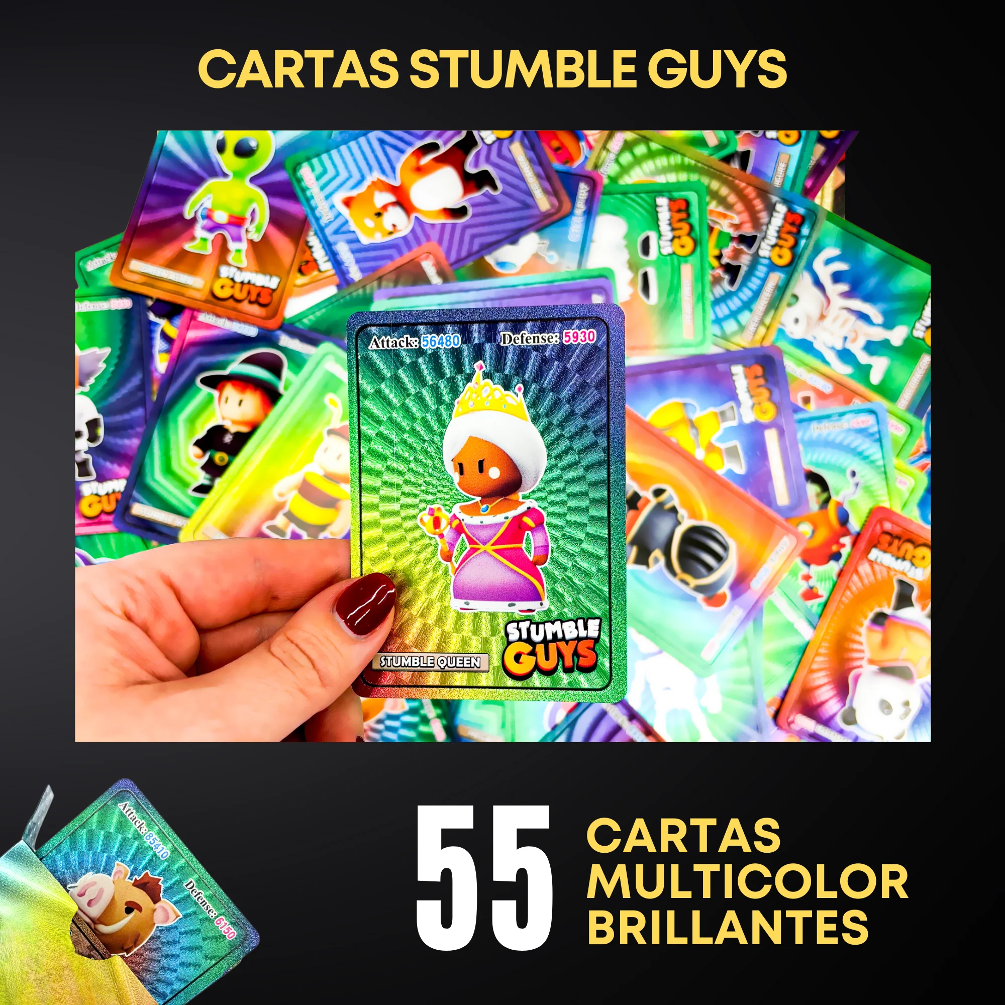 Cartas Coleccionables Stumble Guys | 55 Tarjetas Brillantes En Dorado, Plateado Y Multicolor | Personajes Del Videojuego En PVC Resistente Al Agua | Medidas 9x6,3 Cm | Regalo Para Niños Y Adultos