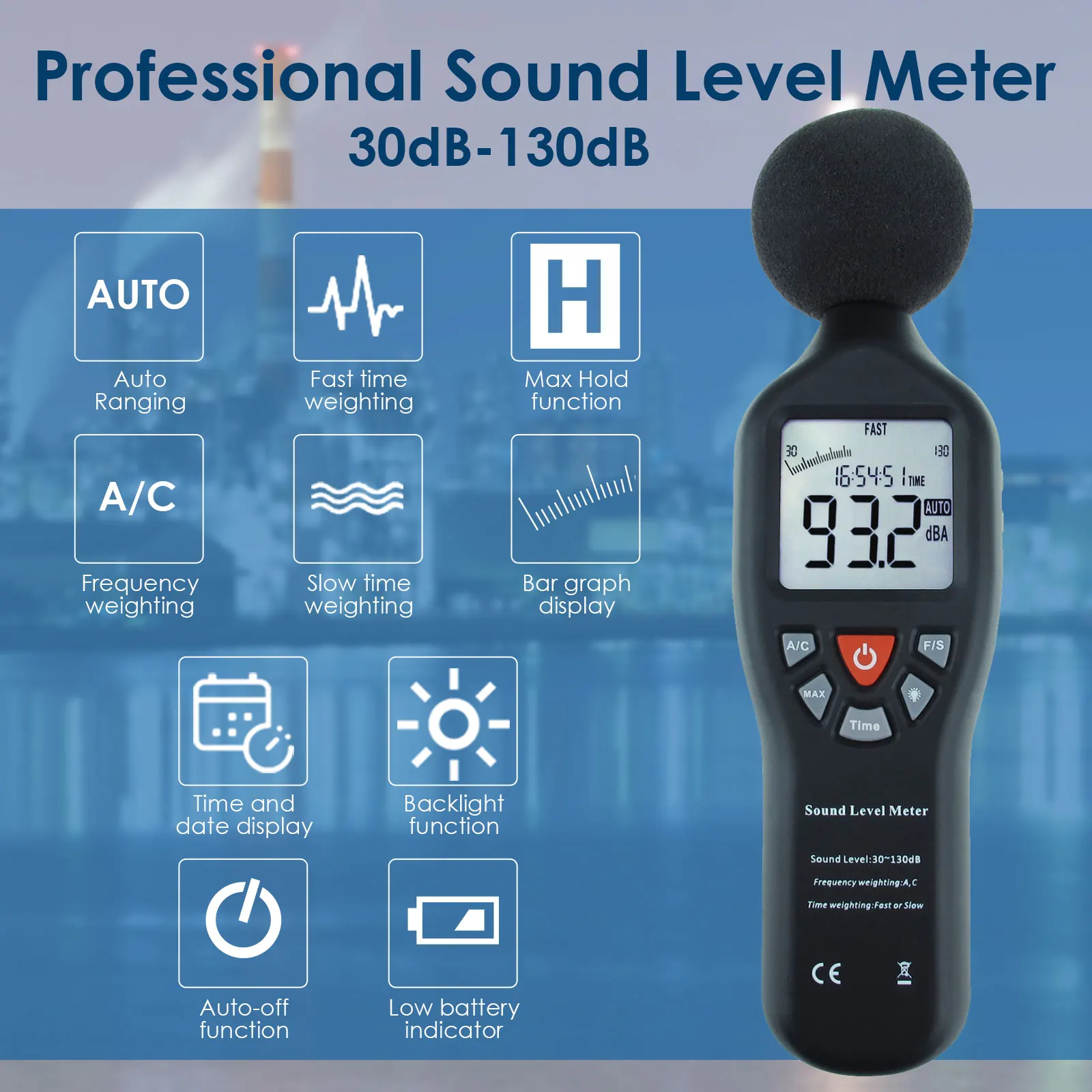 Compact Professional Sound Level Meter 30dB-130dB High Accuracy With Backlit Display