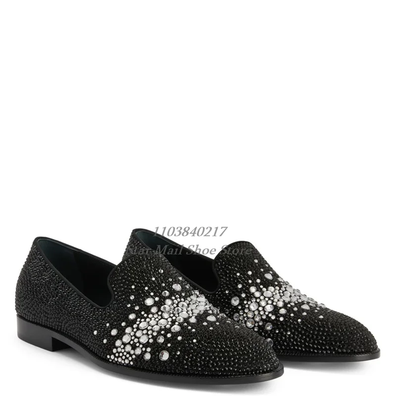 New Stylish Shining Rhinestone Round Toe Slip On Loafers for Men Suede Shoes Spring Autumn Party and Wedding Dress Shoes