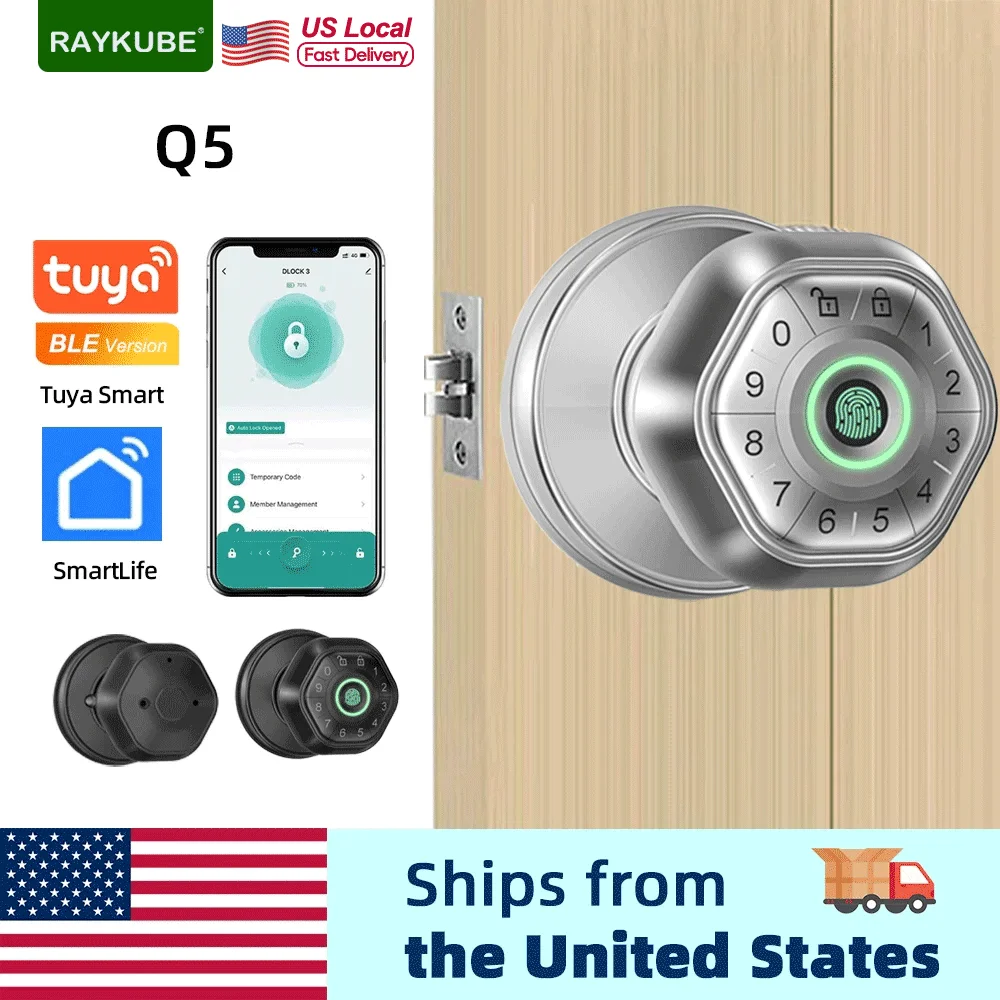 Raykube q5 usa. Tuya BLE قفل باب ذكي ببصمة الإصبع ، قفل إلكتروني ، مقبض دائري ، كلمة مرور ، مفتاح ، فتح تطبيق تويا ، توصيل مجاني