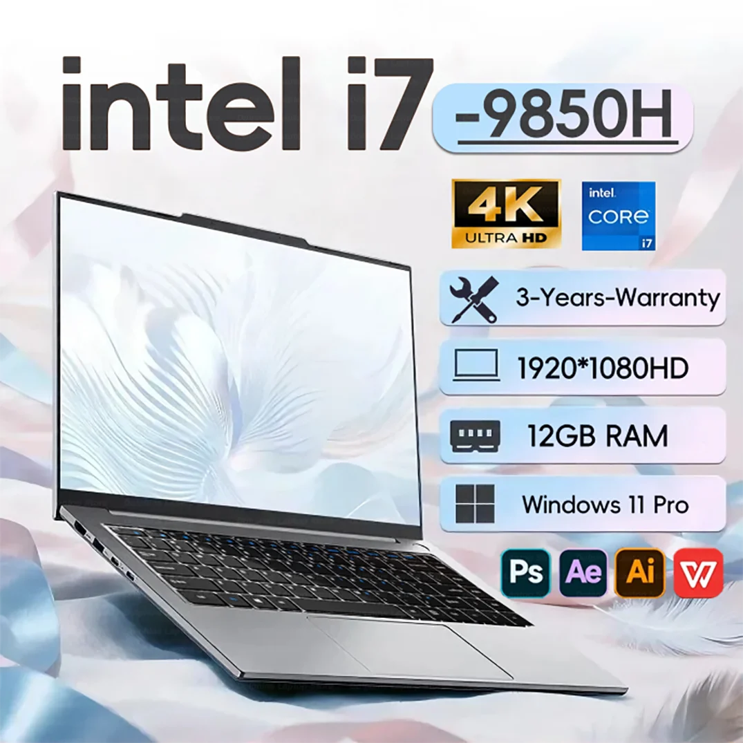 Portátil de oficina Intel Core i7-9850H Windows 11 Pro 12GB RAM 1TB SSD 4K HD, computadora empresarial ligera
